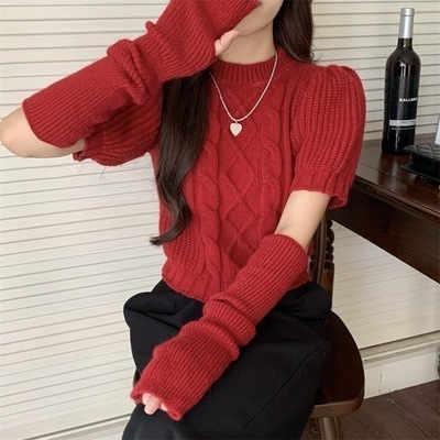 セット セーター＋アームウォーマー ショート丈 袖あり パフスリーブ 半袖 デザイン 美ライン 2way ケーブルニット 編み込み 伸縮性 ニット お得 カラバリ かわいい 大人可愛い きれいめ