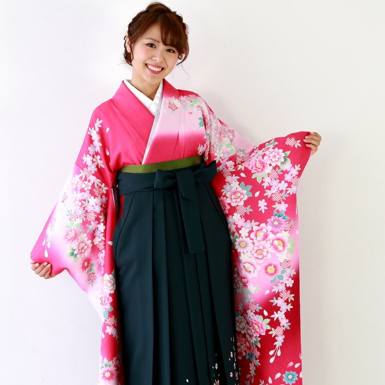 レンタル卒業式 袴 レンタル 女 袴セット 女 卒業式袴セット 正絹 振袖 着物＆袴 フルセットレンタル 安い ローズ地に八重桜 ピンク 絞り調 赤 ラメ入りハカマ はかま rental