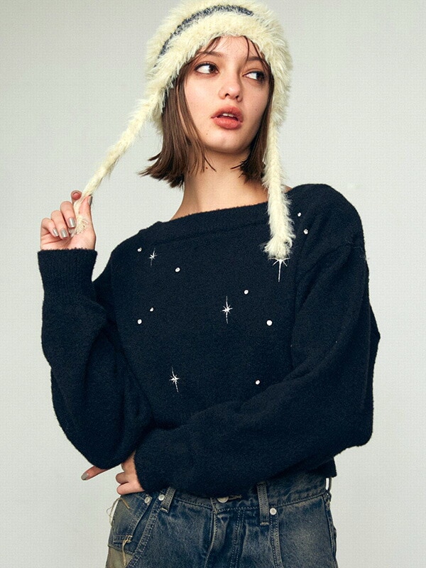 EMODA エモダ スパーク ビジュー ニット スパークデザイン メタリック刺繍 ラインストーン ミニシャギー 微起毛ニット 042462631501