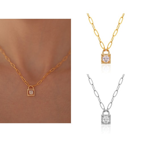 南京錠 ペンダント キュービックチェーンネックレス (24k gold plating) 韓国人気ブランド 韓国人気ファッション 人気ジュエリー