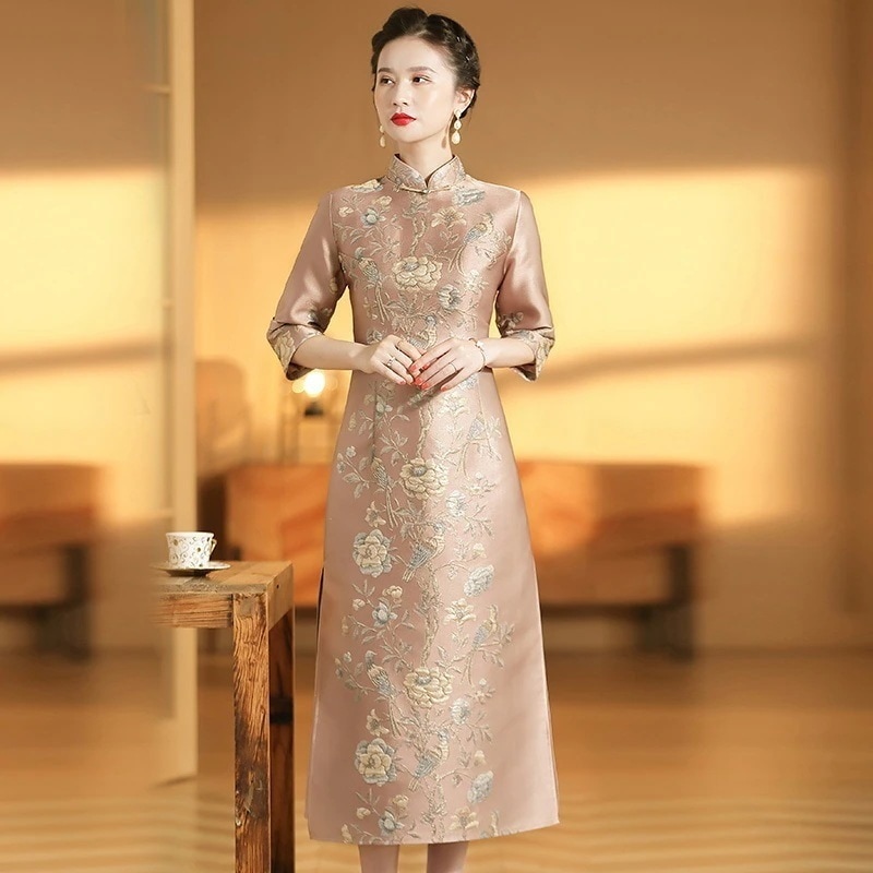 改良されたチャイナドレス七分袖秋冬風ロングチャイナドレスレトロ婦人服