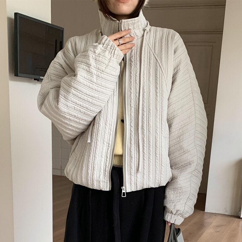 最安価挑戦【3日出荷】スタンドカラーパフスリーブ ゆるショート中綿ジャケット レディース保温トップス フェイクファー