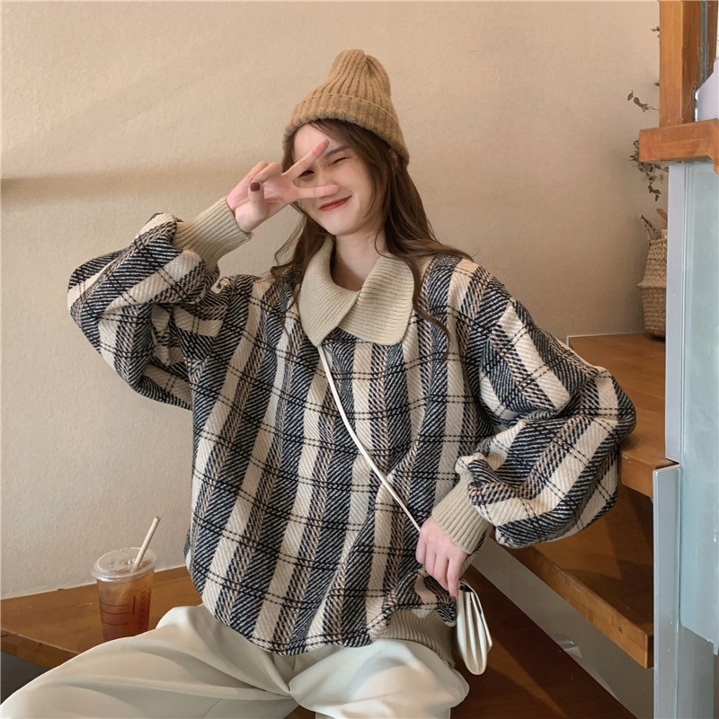 チェック柄セーター トップス ニット カジュアル ミディアム丈 袖あり 長袖 襟付き ストレート
