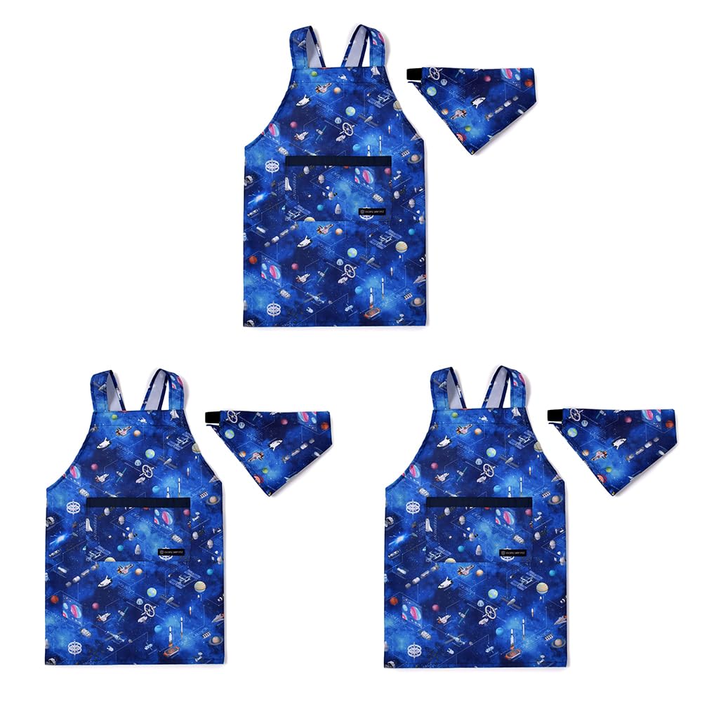 COLORFUL CANDY STYLE バッククロス子どもエプロン(100～120cm) 撥水ノーアイロン 未来の惑星探査と宇宙船 3枚セット 男の子 かっこいい 子供用 子供 エプロン 三角巾 セ