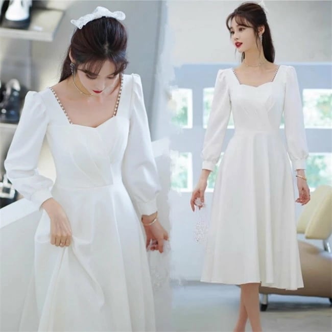 ホワイト ドレス 長袖　ビーズ　二次会 花嫁 ワンピース ウェディングドレス パーティードレス 花嫁ドレス 結婚式　膝丈　ドレスラインドレス エンパイアドレス レースウェディングドレス 二次会 花嫁