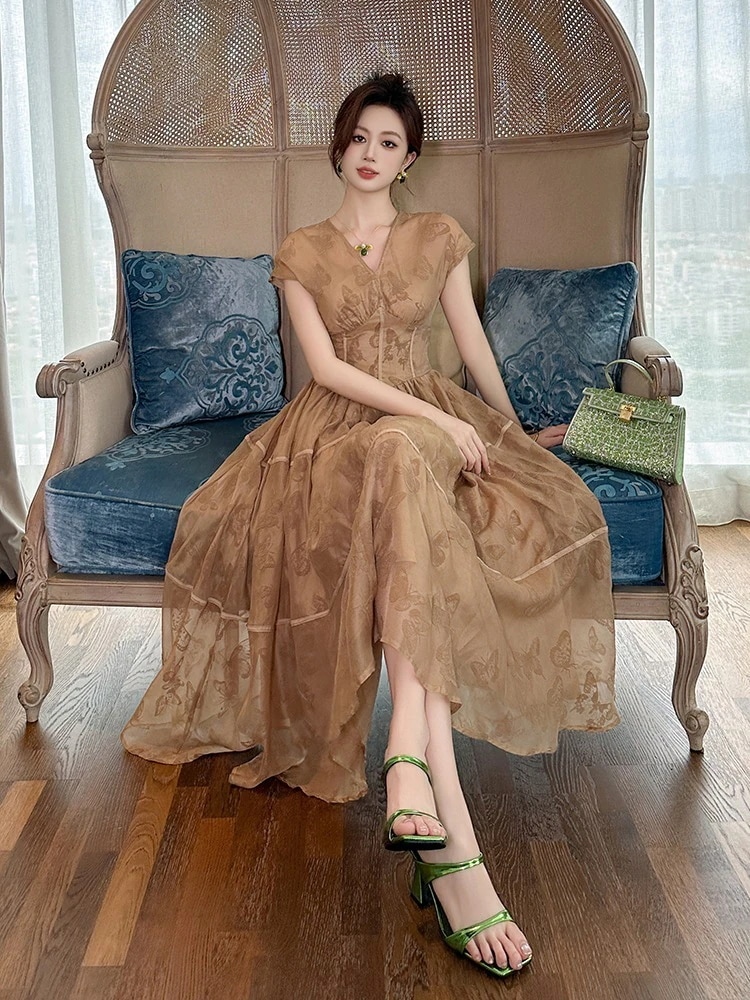 2025夏新品 リゾート vネック ロングワンピース 女王様 ドレス パーティー キャバ 大人 同窓会 披露宴 卒業式 結婚式 演奏会 ウェディング 二次会