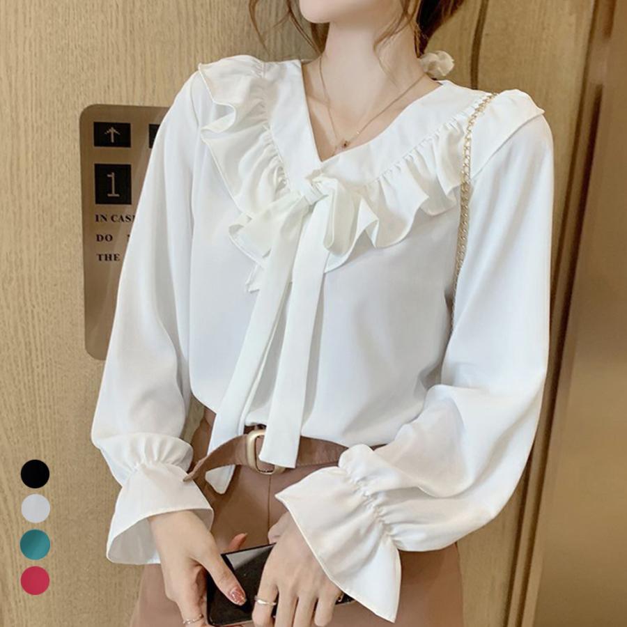【本日限定】気質 韓国ファッション 長袖シャツ フリル襟 ボウタイブラウス 大人通勤OL
