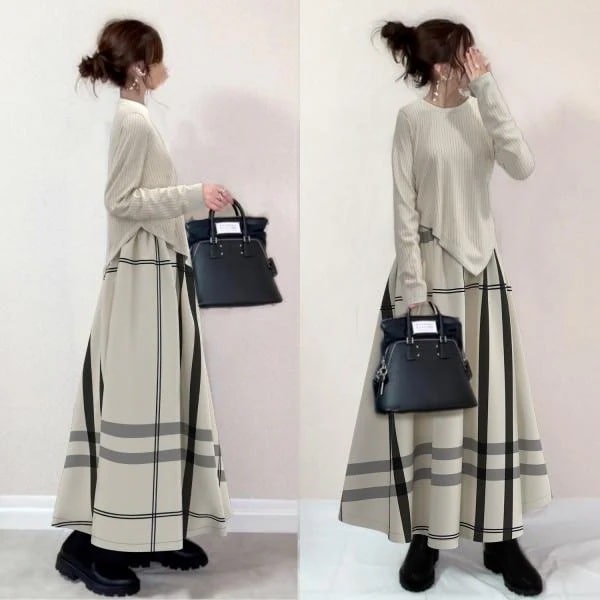 【再入荷予定】上品なシルエット 切り替え ラウンドネック チェック柄 混色 ワンピース レディース 秋冬 4,994円