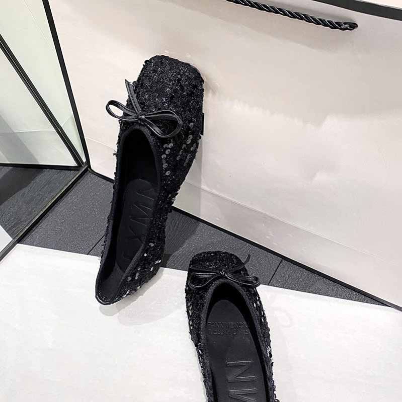 500円OFFクーポン バレエシューズ パンプス 痛くない リボン 小さいサイズ 大きいサイズ スクエアトゥ フラット スパンコール レディース 歩きやすい フラットシューズ ぺたんこ ローヒール 走