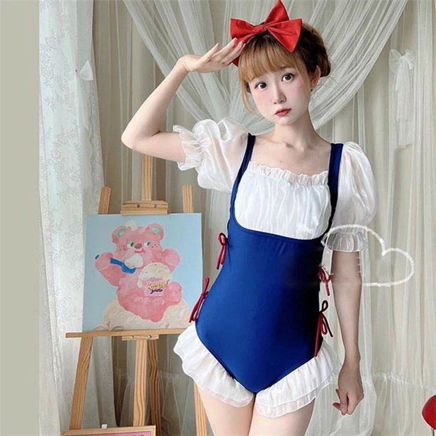 注目商品ワンピース水着 ロリータ ロリィタ風 レースアップ 透け感 スクール水着 ブルマ レディース かわいい パフスリーブ ポワン袖フリル リボン 水着 着せ lolita 学生水着 ハイレッグ コ