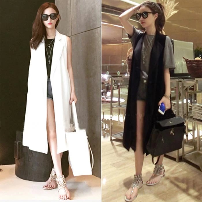 【急速出荷!】大人気！ジレ 夏 ロングジレ ロングベスト レディース コート ノースリーブ 襟付き ロング丈　アウター ブラック ホワイトカジュアル エレガント人気 シンプル 通勤 セール