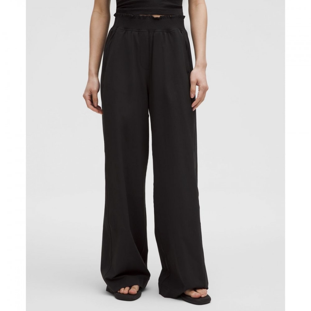 ストレッチウーブンフリルウエストワイドレッグパンツ*アジアンフィット-BLK