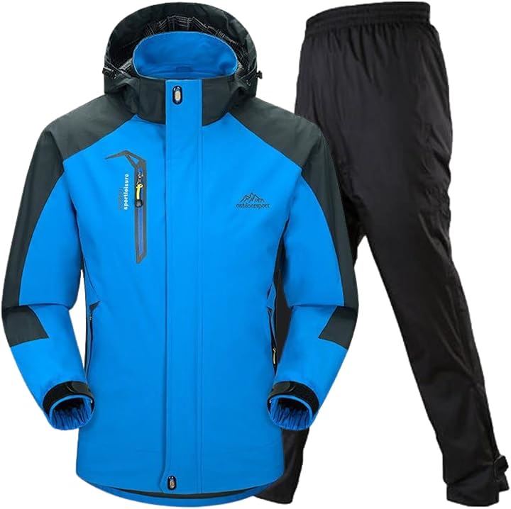 アウトドア ジャケット レインスーツ 上下セット 登山服 雨具 カッパ レインコート レインウェア(5.ブルー (防水レインパンツ), XL)