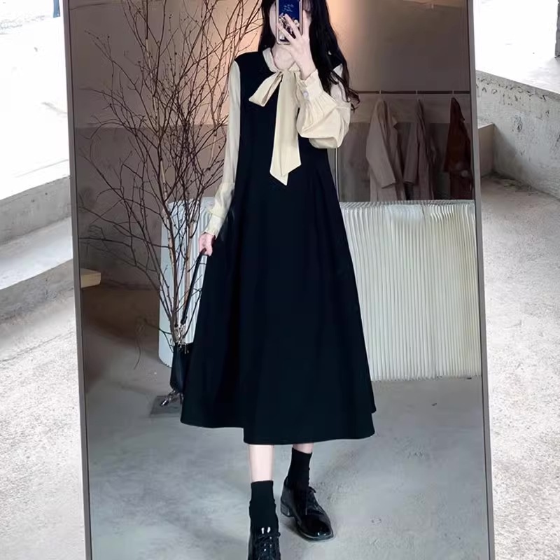 レディース ワンピース ミドル丈ミディアム丈モノトーンカラー切り替えリボン上品大人かわいいAライン 5,280円