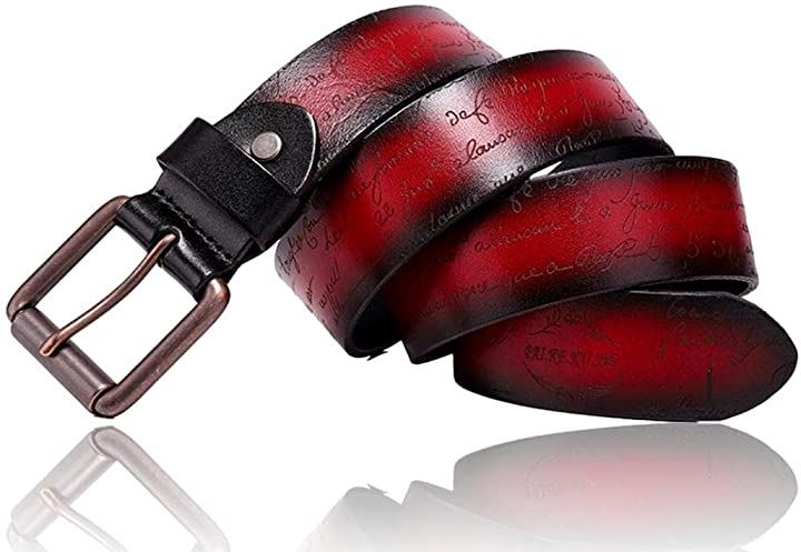 ベルト メンズ アンティーク 英字デザイン グラデーション レザー 牛革ベルト カジュアル(4.レッ