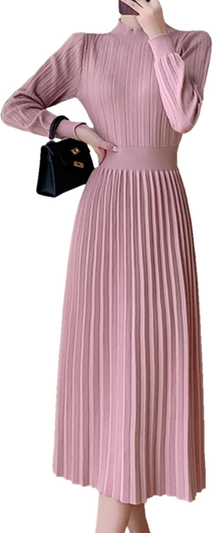 ワンピース レディース ニット プリーツ モックネック パフスリーブ ミモレ丈 Aライン 長袖 レディースライク プチハイネック ファッション ウエスト切替 お洒落(ピンク, M)