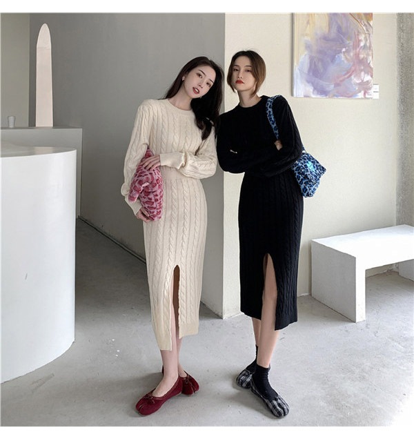 スカートロングスカートきれいめ 無地 ニットアップ vネック ワンピース 高見え レディース ワンピース マーメイドワンピース 上品 ニットワンピース 長袖 ニット 体型カバー 春 プルオーバー クロ