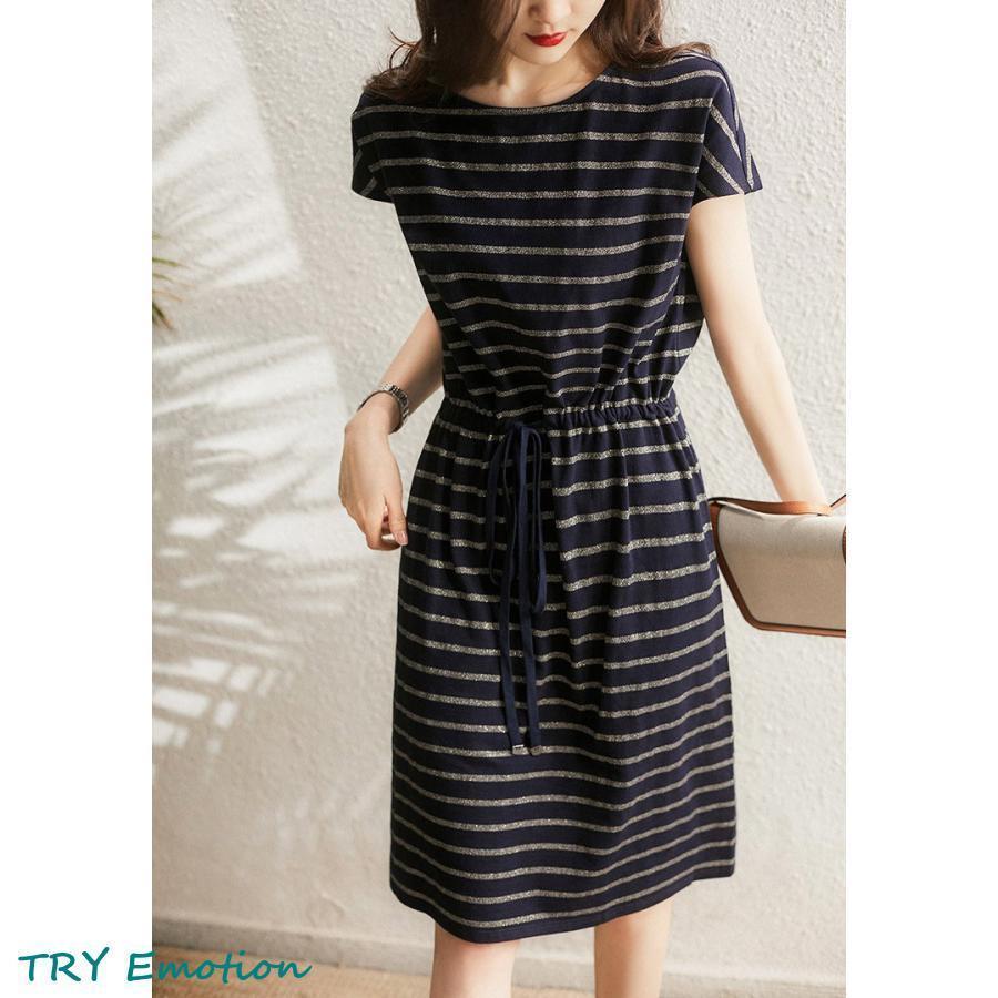 Tシャツワンピース レディース 40代 きれいめ 膝丈ワンピース 春夏 半袖ワンピース ボーダー柄 リボン Aラインスカート オシャレ大人 通勤OL シンプル