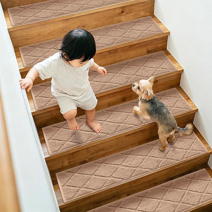 BOBO 洗える吸着階段マット タフティングマット 滑り止め 階段保護マット 厚さ12.5mm カーペット すべり止め 防滑 保温 防音 洗濯機丸洗い可能 (ベージュ, 76x20cm)