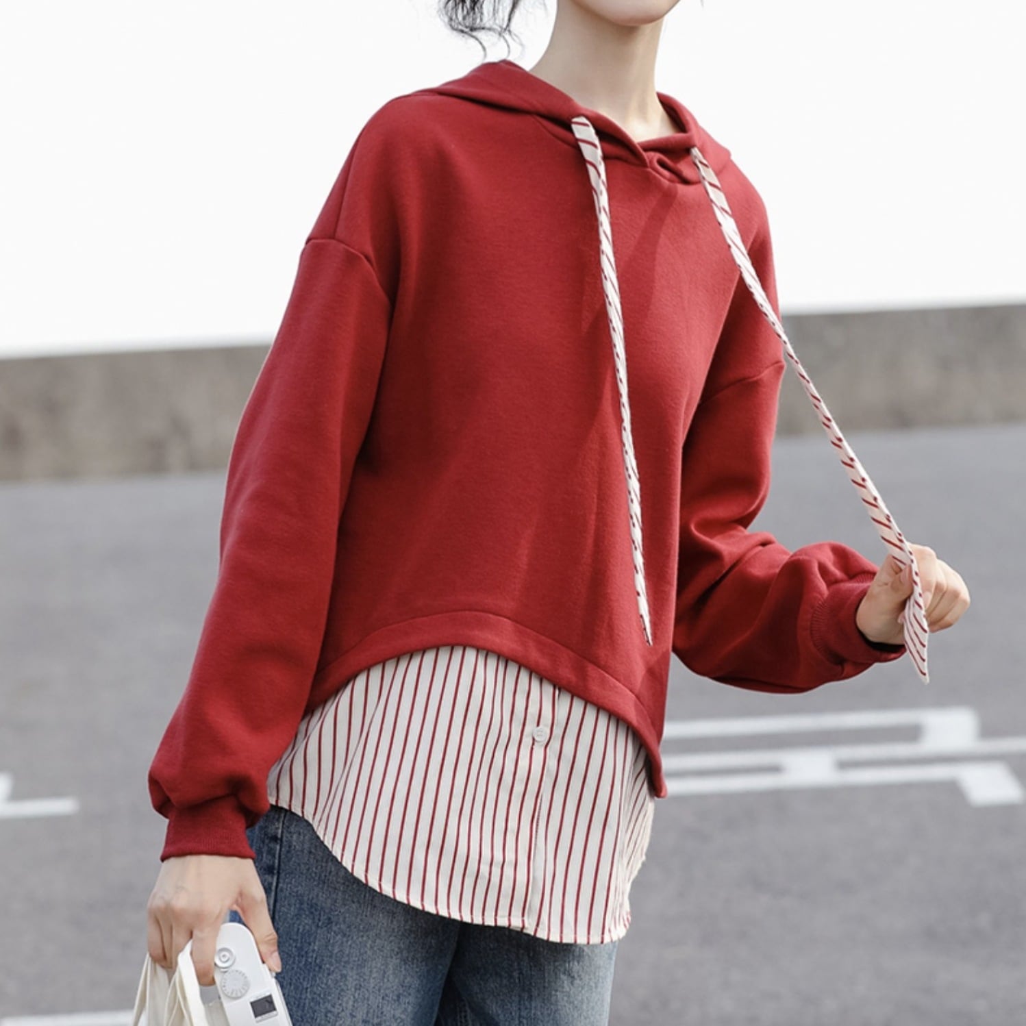 トップス レディース パーカー トレーナー S M L 韓国 長袖 ストレート Aライン 切り替えデザイン ドッキング フード付き かわいい 大人可愛い きれいめ シンプル カジュアル 大人 おしゃれ