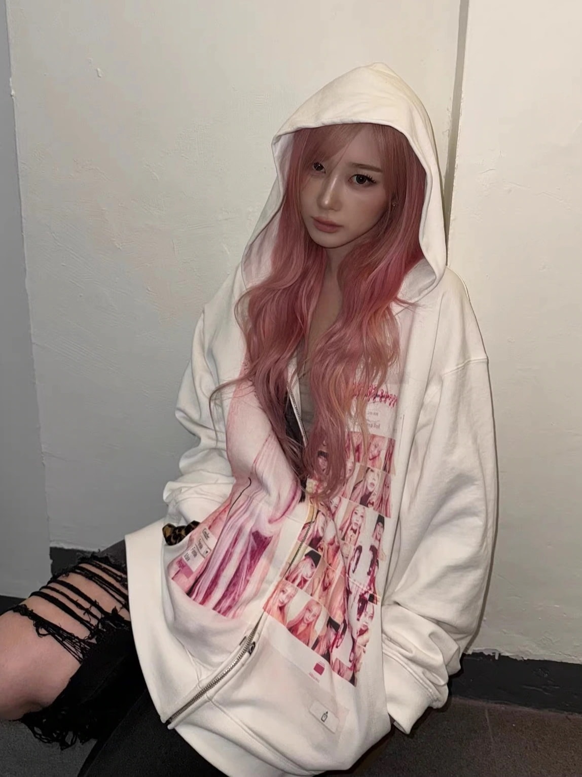 韓国スター同型GisellePainWhiteZipperSweatshirtWomen sHoodedCardiganJacketコットン