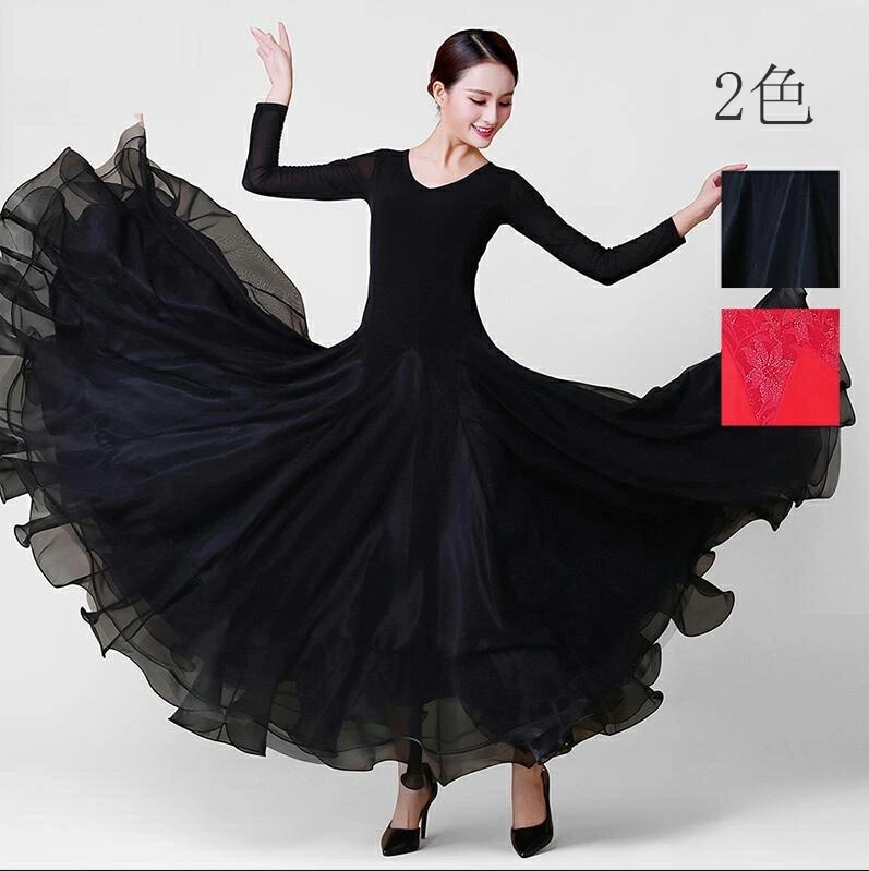 期間限定30%割引きい裾 社交ダンスドレス レディース 発表会 ステージ衣装 競技用ドレス 練習着 演出用 長袖ワンピース きいサイズ ダンス衣装/マキシ丈ワンピース ママ ラテンドレス S/M/Lマ