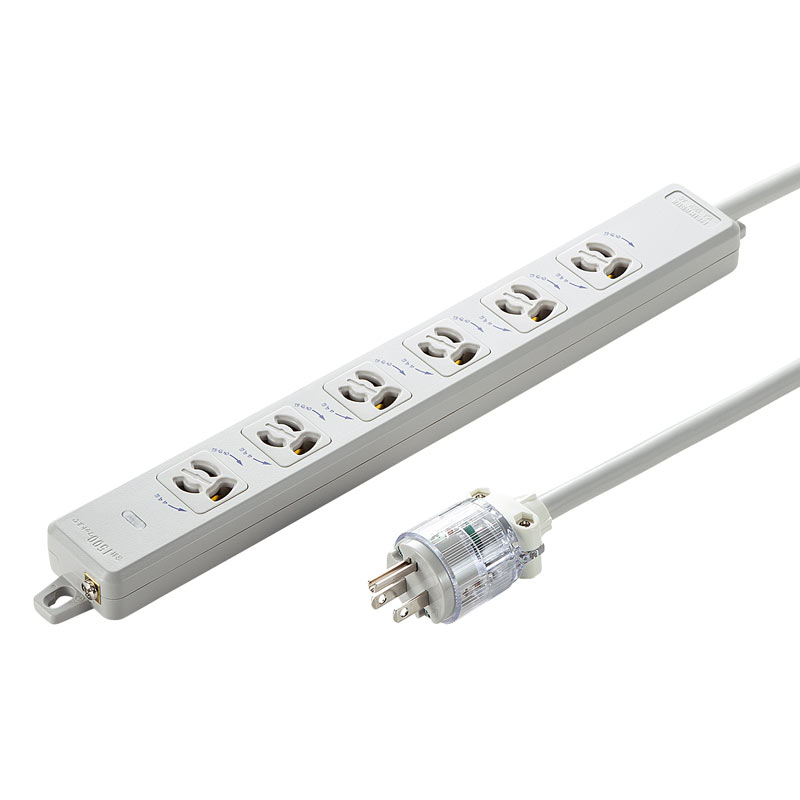 医用接地プラグ付き電源タップ 3P 6個口 グレー 3m TAP-HPM6-3W