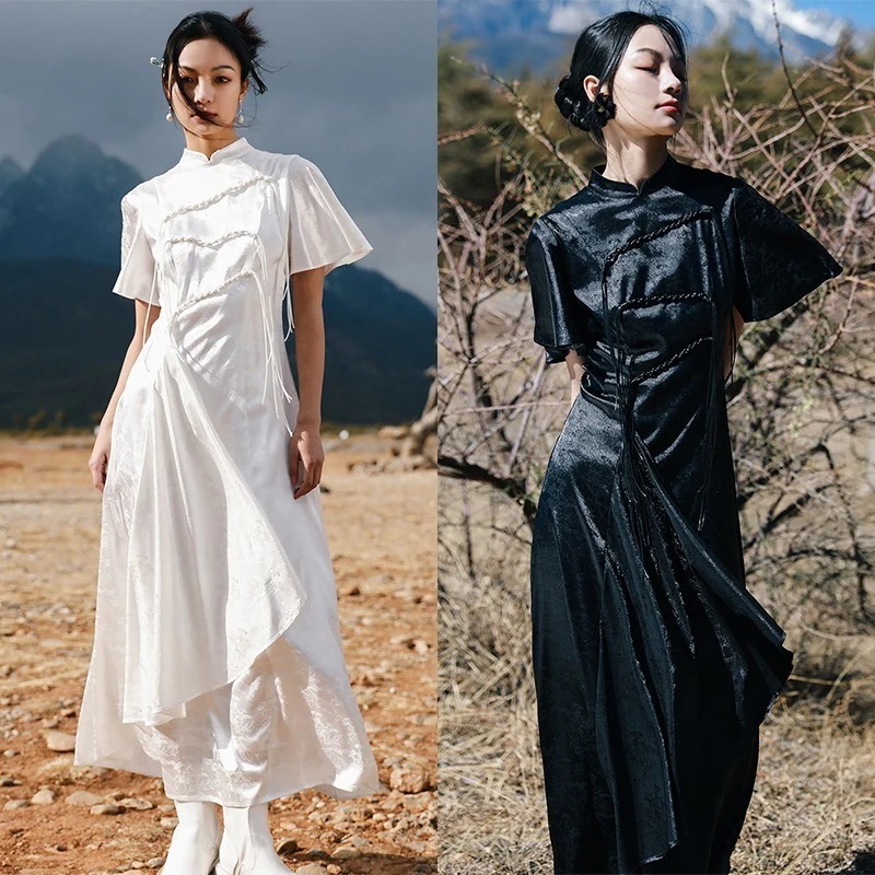 チャイナ風ワンピース フリル サテンワンピース 腰括れ 改良チャイナドレス 黒 白 虎&松プリント