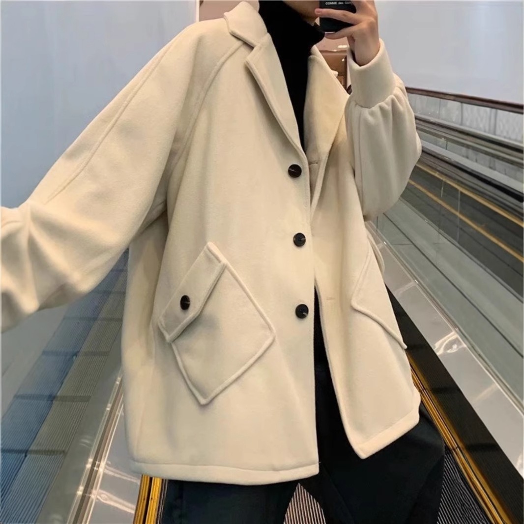 韓国の秋冬メンズ中丈ウールコートトレンディなレトロスタイルゆったりとしたカジュアルな厚みのあるウインドブレーカージャケットlibao