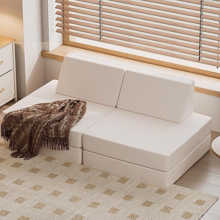 ソファベッド 2人掛け フロアソファ 3WAY 低い座椅子 折りたたみソファ ローソファ 省スペース 多機能 こたつ用 リビング 寝る 一人用 コンパクト (ベージュ, 2人掛け)