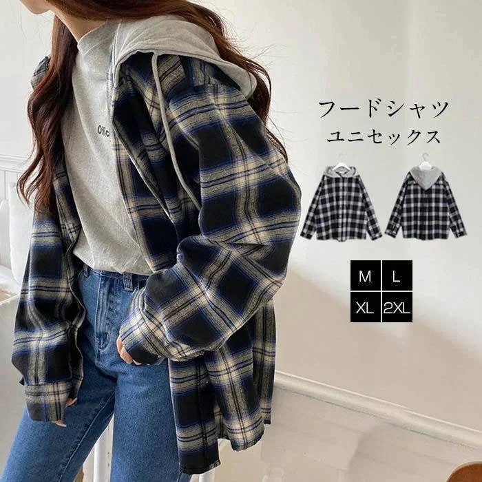 オーバーサイズ 羽織 ユニセッ1898 フード アウター ブラウス シャツ チェック パーカー フードシャツ