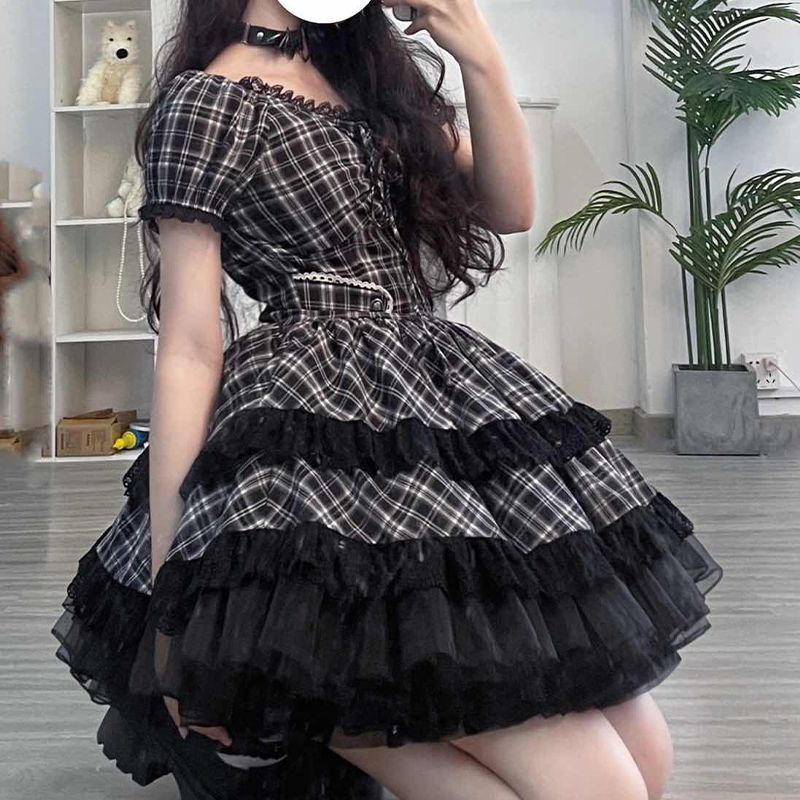 黒格子縞のドレス軽いアジアンウエストケーキスカートリトルブラックスカート女性夏 コスプレ コスプレ セクシー ワンピース 韓国 ワンピース ドレス ロングワンピースワンピース ドレス ワンピース 秋冬