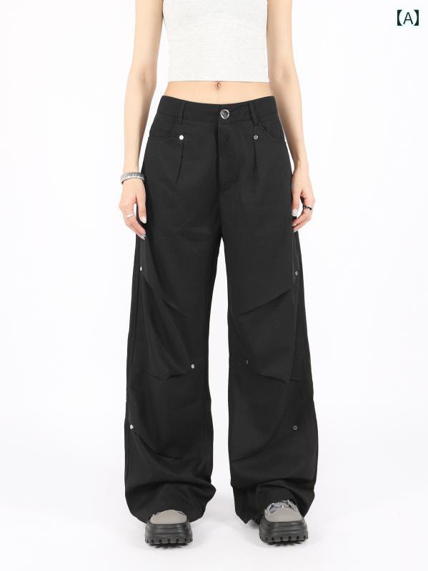 カーゴパンツ　メンズ　レディース BIGGOLD アメリカン レトロ ローウエスト スタッズ バイブ スタイル カジュアル パンツ 女性用 薄手 ワイド レッグ ストレート プリーツ オーバー オール 4,940円