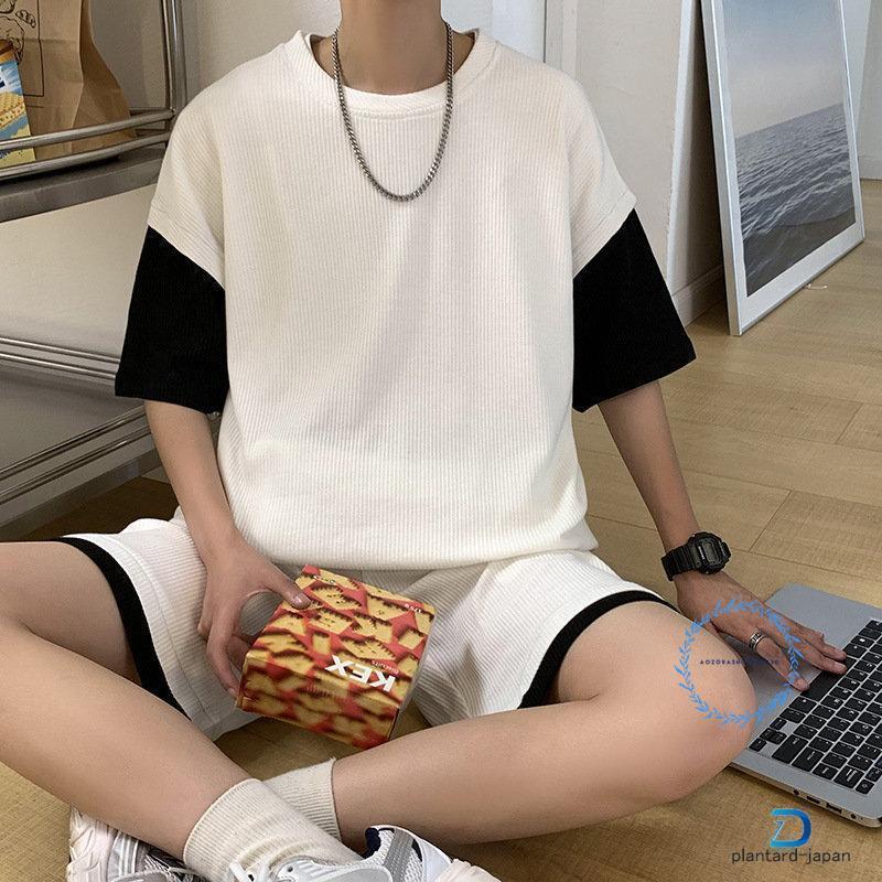 薄手 上下セット ハーフパンツ スウェット フェイクレイヤード ルームウェア 夏 メンズ 部屋着 半袖 ゆったり セットアップその他メンズファッションセットアップ