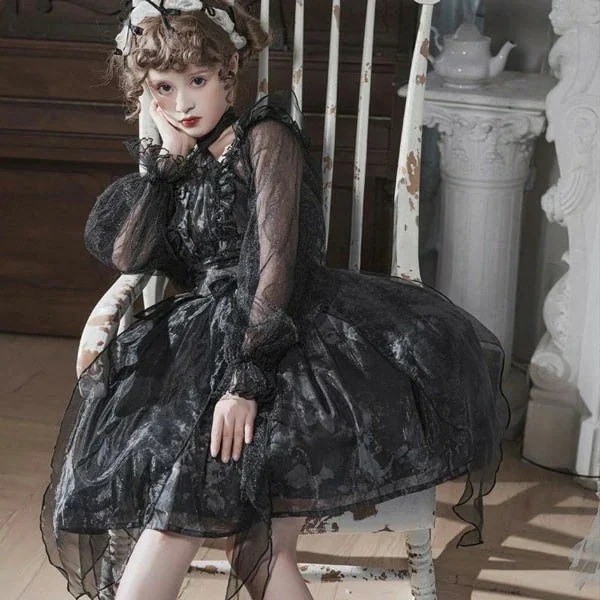ゴシックロリータ ワンピース 黒 フリル 長袖 病みかわいい 膝丈 暗黒系 ロリータop プリンセスドレス Lolita ロリータ服 リボン コスチューム コスプレ衣装 文化祭 学園祭 イベント ロ
