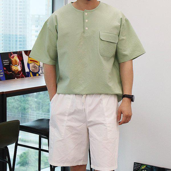 WML メンズ チジミ シアサッカー ポケットポイント ヘンリーネック 半袖Tシャツ