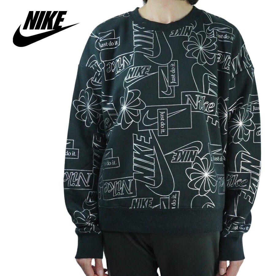 送料0円 黒 クルーblack Silver ブラック シルバー 女性用 クラッシュ Crewアイコン Clash トレーナーicon Nikeレディース ナイキ 銀 トレー スポーツ スウォッシュ 総柄 ロゴ トレーナー サイズ L Education Ikontrol Dk