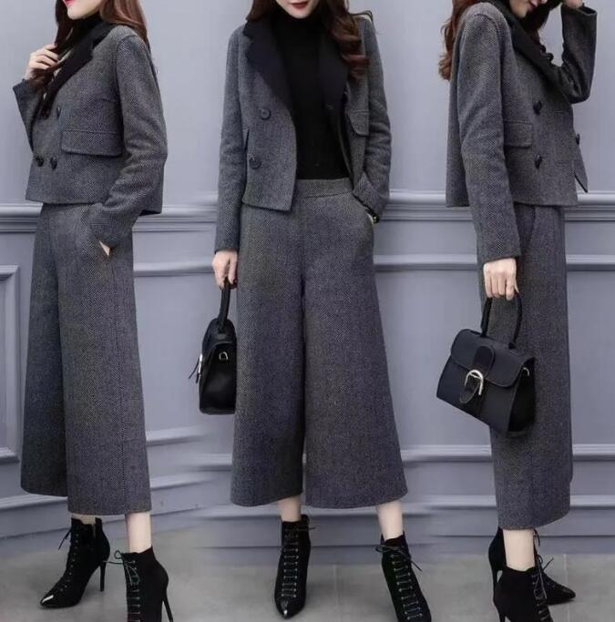 セットアップ パンツスーツ 上下セット 2点セット トップス ウール混 ガウチョパンツ ワイドパンツ スカーチョ ロング パンツ オフィス ビジネス 通勤 コート+ワイドパンツ アウター 秋 冬 レデ