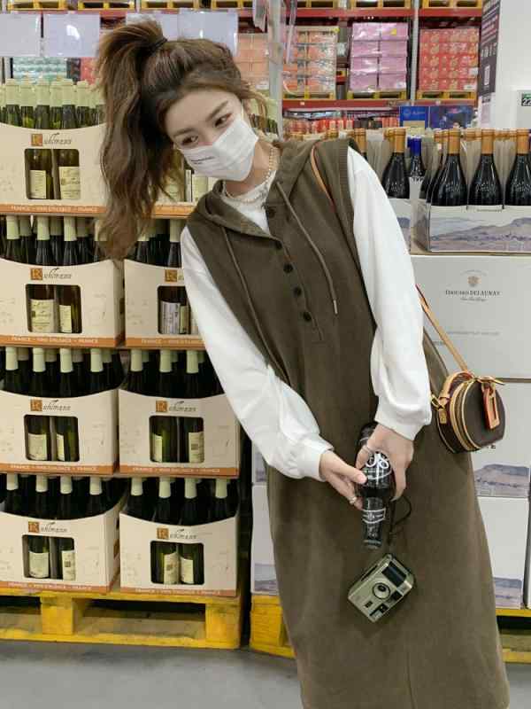 ジャンパースカート 大人 レディース 春秋 カジュアル フード プルオーバー ノースリーブ ロング Aライン ポケット 茶色 大きいサイズ