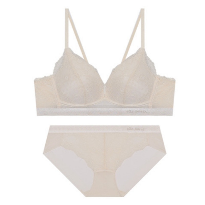 ソフトフィット ノーワイヤ レース ブラ パンツ セット - ピーチクリーム 80A 95