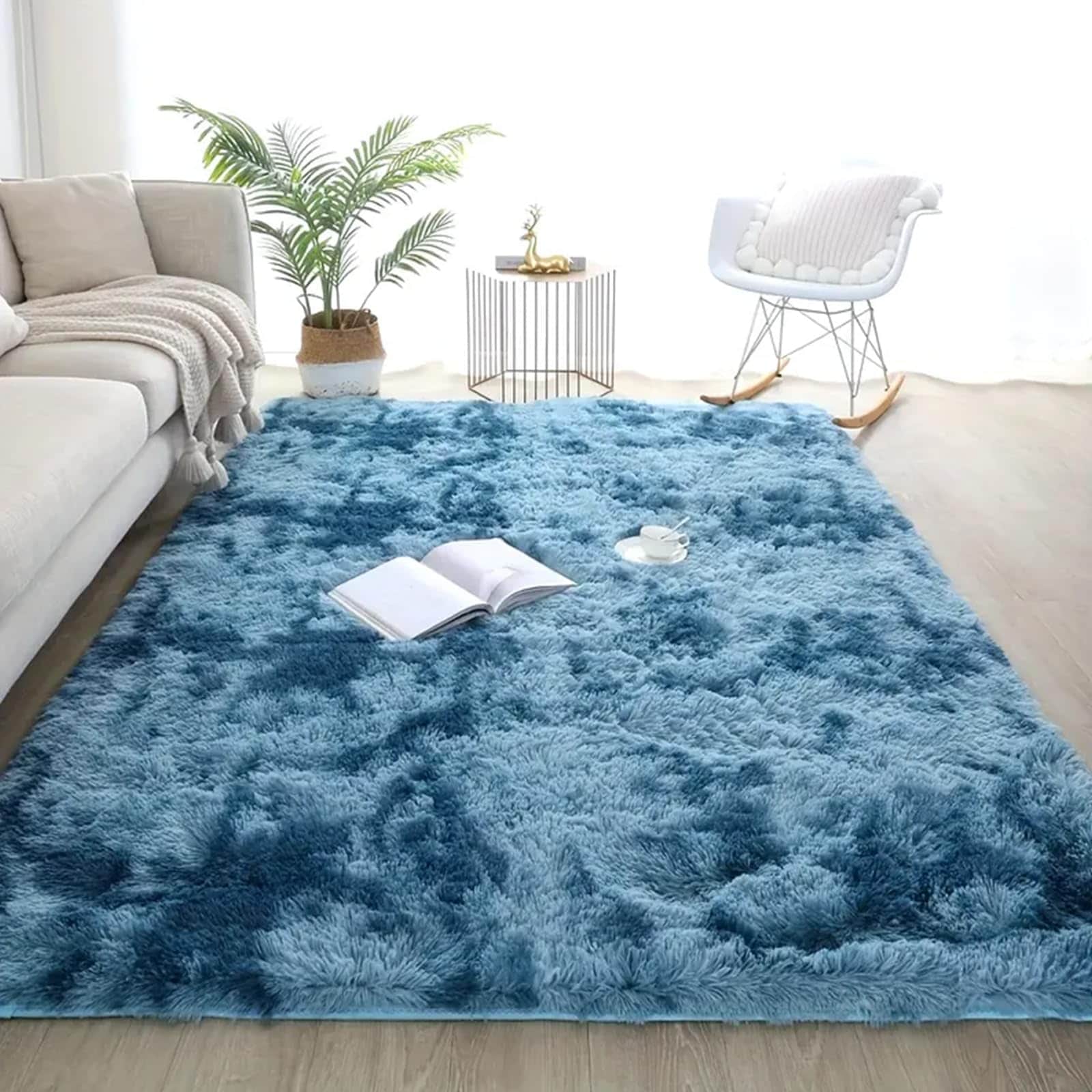 Orbezil シャギー カーペット 約3畳ラグ ふわふわラグマット 北欧風 絨毯 じゅうたん 柔らかい 防音 オールシーズン対応 リビング・寝室用 ダークブルー 200*250cm