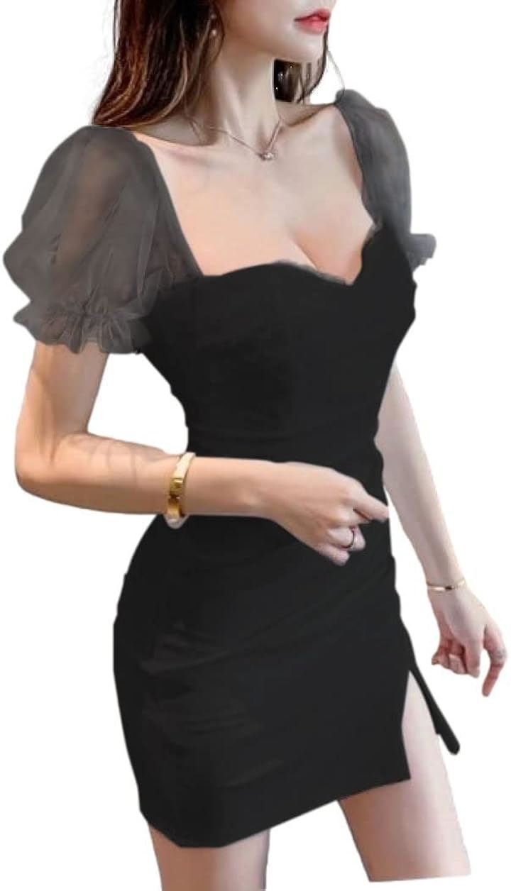 キャバドレス ミニドレス クラブドレス パーティードレス ワンピース タイト ベアトップ パフスリーブ シースルー フリル 半袖 シアー スリット レディース CT2(ブラック, M)