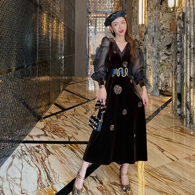 Vネックベルベットドレス シースルースリーブ 長袖 ワンピース ドレス ベルベット レディース パーティー お呼ばれ 綺麗 エレガント 刺繍 スパンコール a4276