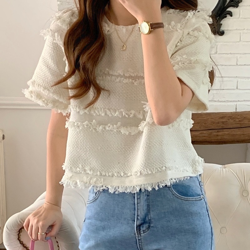 トップス Tシャツ フリンジディテール タッセル ボーダー ラウンドネック ショート丈 半袖 ルーズ 韓国 レディース かわいい 可愛い キュート 大人可愛い 大人女子 シンプル きれいめ