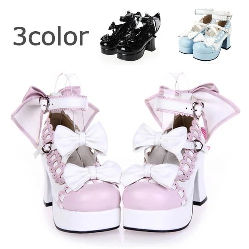 【受注生産】 ロリータ靴 メイド靴 女の子 リボン付き パンプス ロリータ シューズ お嬢様 大きいサイズ かわいい【22.022.5～25.025.526.026.527.0】 水色 ピンク 黒 d