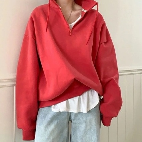 裏起毛ハイネックジップルーズスウェットp479714 レディース 韓国ファッション トップス スウェット ハイネック ハーフジップ 長袖 裏起毛 ストラップ ルーズフィット オーバーシ