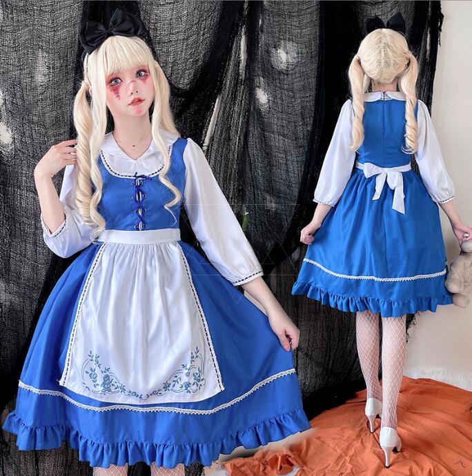 レディース メイド服 女性 大人 ハロウィン コスプレ衣装 ハロウィン 仮装 コスチューム Halloween お化け ドレス＋エプロン＋髪飾り ブルー 5,225円