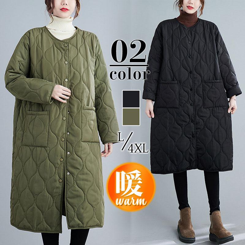 超人気キルティングコートレディースアウターロングコート体型カバージャケット中綿コート軽いゆったり無地あったか暖か防風お洒落