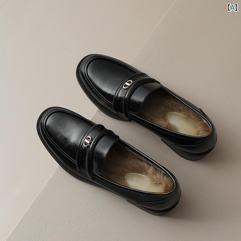 ローファー レディース 通学 通勤 学生 カレッジ 仕事 オフィス 革 裏起毛 暖かい 女性 冬 ラウンドトゥ 厚手 ヒール スリッポン 小さい 革靴 黒 深い 口 シングル シューズ