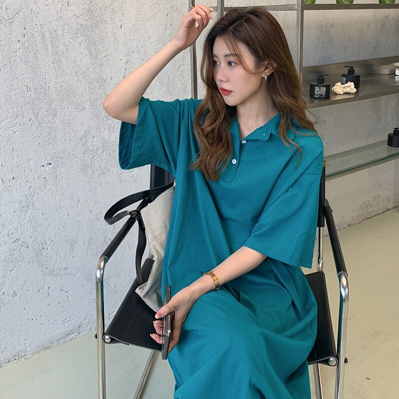 Tシャツシャツおしゃれ セミロング 開襟 純綿 港風